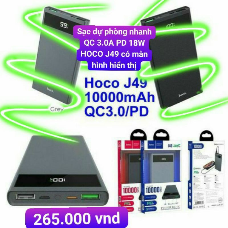 Sạc dự phòng nhanh QC 3.0A PD 18W HOCO J49 có màn hình hiển th