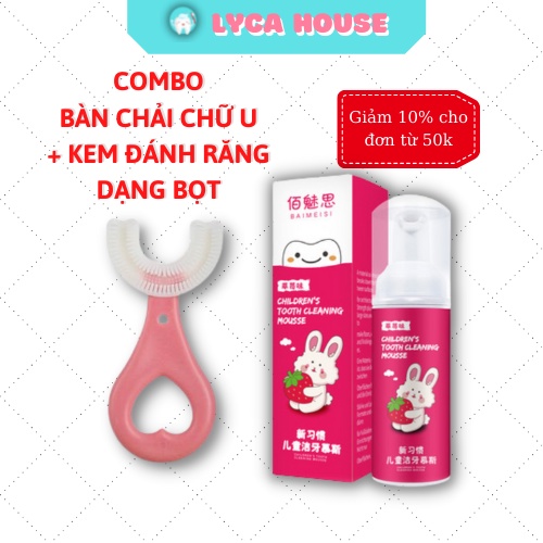 Combo Bàn chải đánh răng chữ U cho bé thông minh chất liệu silicon - kem đánh răng dạng bọt nuốt được - trẻ em từ 2 -6