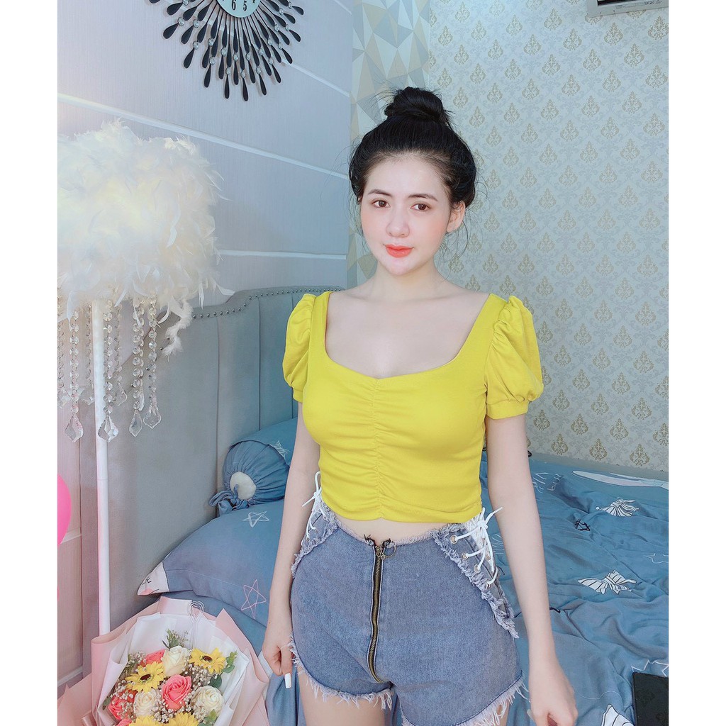 áo thun bozip croptop hở lưng v rút dây ngang sau xinh xắn kèm mút