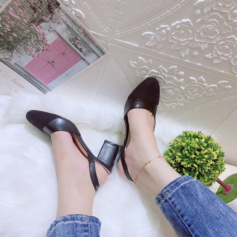 Giày Sandal vá mũi da lộn cao gót 5-7p chà nel công sở thanh lịch