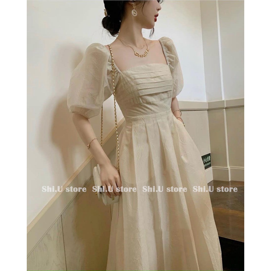 Váy voan tơ cổ vuông xếp ly ngực tay bồng dáng dài có chun sau lưng phong cách tiểu thư