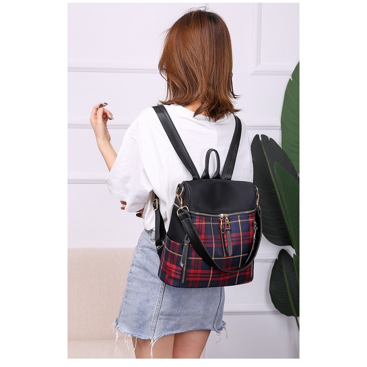 Balo Chuwanglin bằng nylon in họa tiết sọc caro sành điệu cho nữ