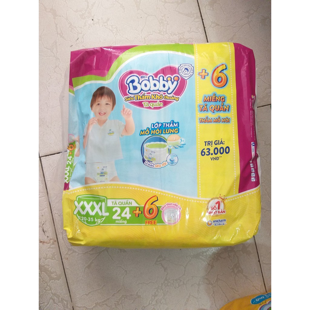 [MẪU MỚI] Tã Quần Bobby Size XXXL 24 miếng dành cho bé 20 đến 35 kg, Rãnh thấm Kim Cương