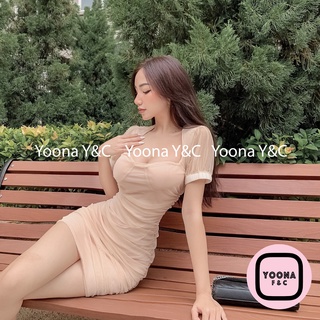 Đầm Nữ Body Lưới Nhún Ngắn Tay Cổ Vuông Kèm Mút Ngực Chất Vải Mềm Mịn Co Giãn Sexy Quyến Rũ