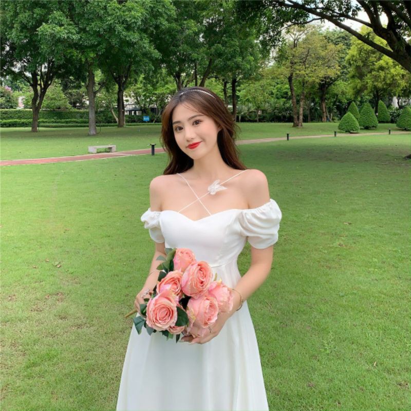 🎗ĐẦM TRẮNG XÒE CHÉO DÂY HÀN QUỐC SIÊU PHẨM