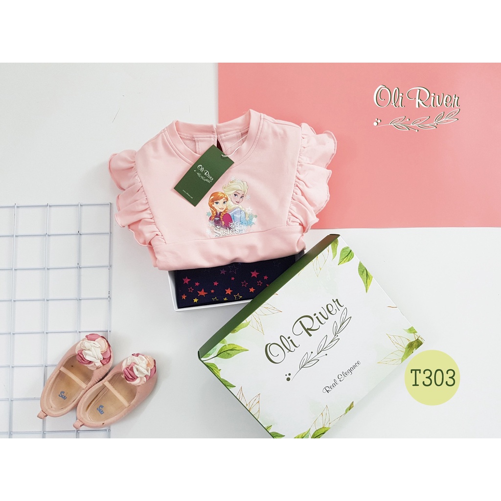 Bộ đồ nỉ da cá Elsa hồng vai bèo quần sao bé gái thu đông 2021 Oliriver chính hãng - Misolkids