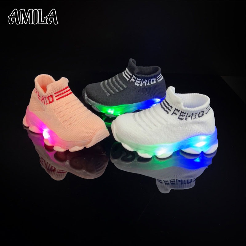 AMILA Giày Thể Thao One-Set Tất Dệt Kim Co Giãn Thoáng Khí Có Đèn LED Phong Cách Mới Mùa Hè Cho