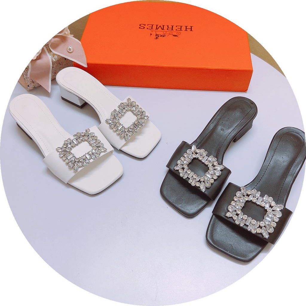 Dép nữ gót 3p hàng đẹp thích hợp dạo phố, quai đá vuông trắng