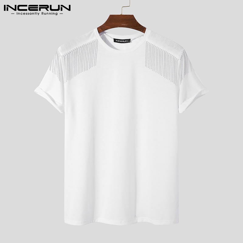 Áo thun INCERUN tay ngắn cổ tròn dáng rộng họa tiết tua rua thời trang cho nam