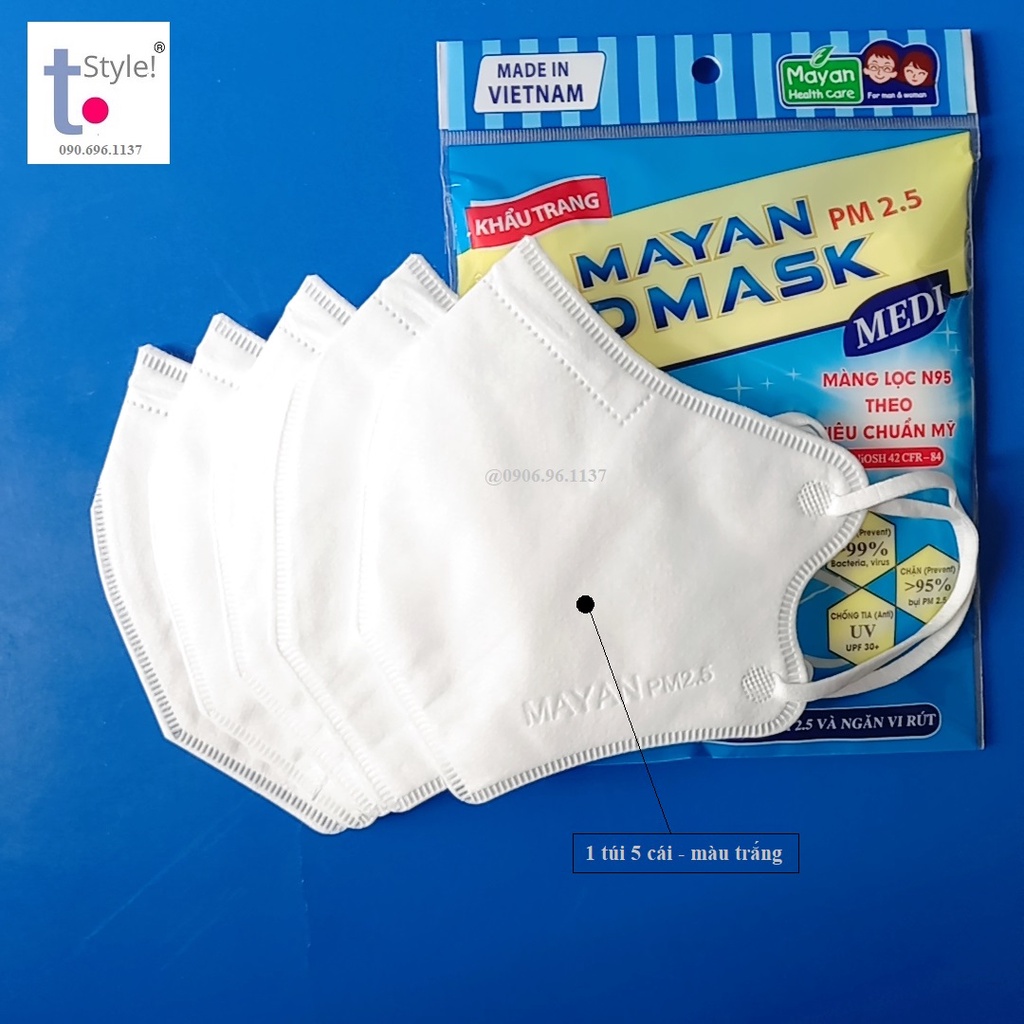 [Sử Dụng Nhiều Lần] Khẩu trang 3D Mayan PM2.5 - túi 5 cái màu trắng- 5 lớp kháng khuẩn 99% theo tiêu chuẩn Hoa Kỳ | BigBuy360 - bigbuy360.vn