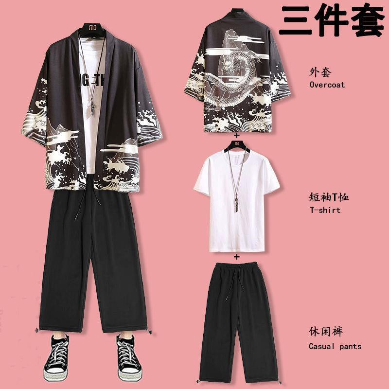 ◊Bộ đồ kiểu Trung Quốc Hanfu nam mùa xuân và hè chống nắng cardigan dáng ngắn quần chín điểm, một áo phía trên