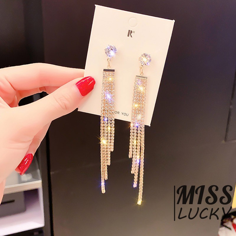 Khuyên tai dáng dài đính đá pha lê lấp lánh phong cách Hàn Quốc thời trang nữ thanh lịch