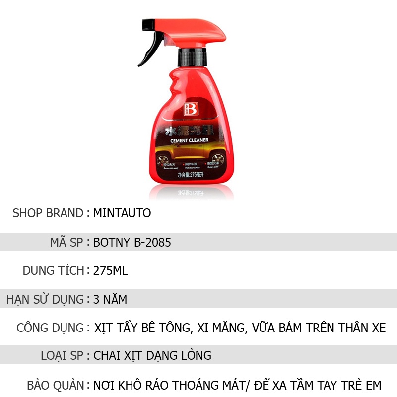 Chai xịt tẩy xi măng dính trên ô tô Cement Cleaner Botny B-2085 an toàn hiệu quả dung tích 275ml