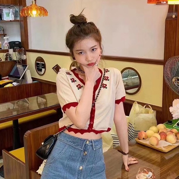 Áo croptop dệt kim ngắn tay thêu họa tiết phong cách retro cho nữ | BigBuy360 - bigbuy360.vn