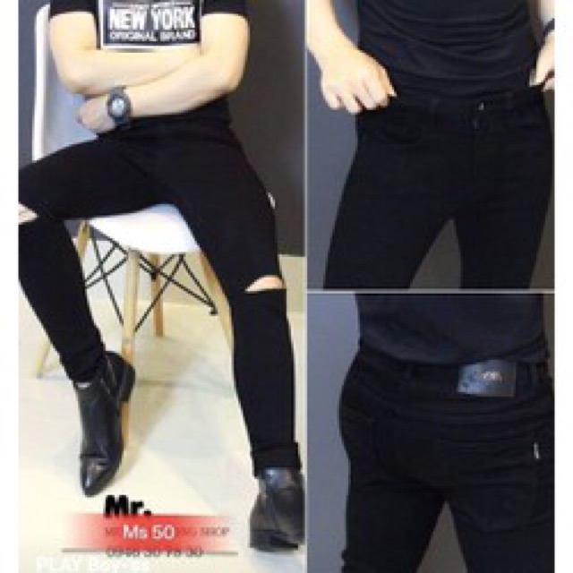 Quần jean nam màu đen rách gối,quần bò đẹp giá rẻ tcs 50 | BigBuy360 - bigbuy360.vn