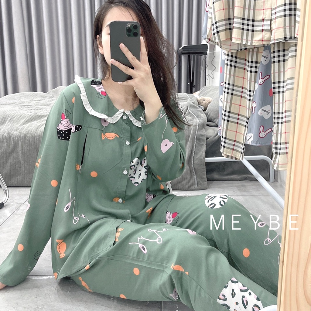 Bộ sau sinh LANH MEYBE mùa hè mặc nhà siêu mát CÓ KHÓA cho con bú SL2