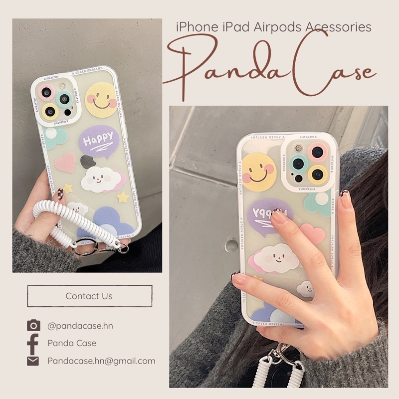 𝐂𝐨́ 𝐬𝐚̆̃𝐧 𝐜𝐡𝐨 𝐢𝐏𝐡𝐨𝐧𝐞 𝟏𝟑 Ốp mây Happy cute cạnh vuông chắc tay, không kèm móc lò xo