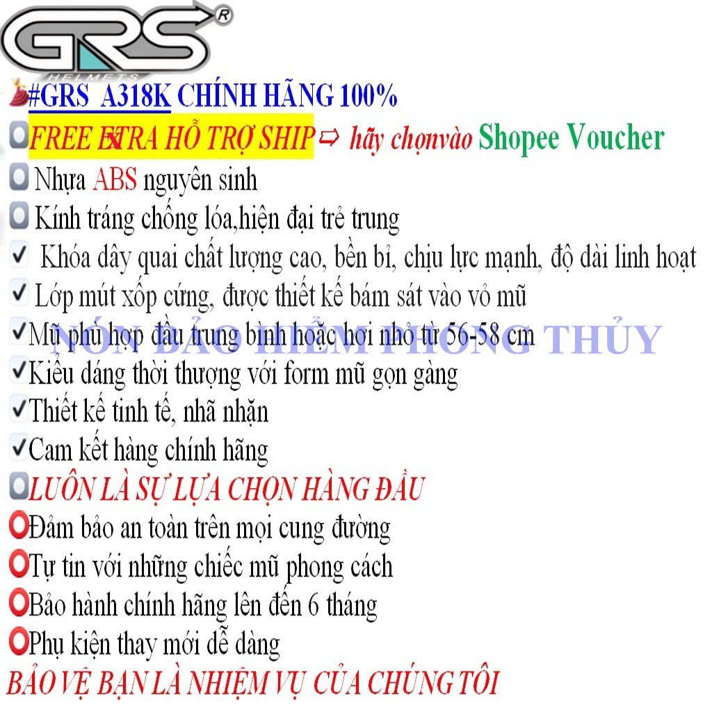 ❤️𝑺𝑰𝑬̂𝑼 𝑯𝑶𝑻❤️Mũ/ Nón bảo hiểm 3/4 có kính,mũ trùm tai GRS A318k kính dài ( nhiều màu )