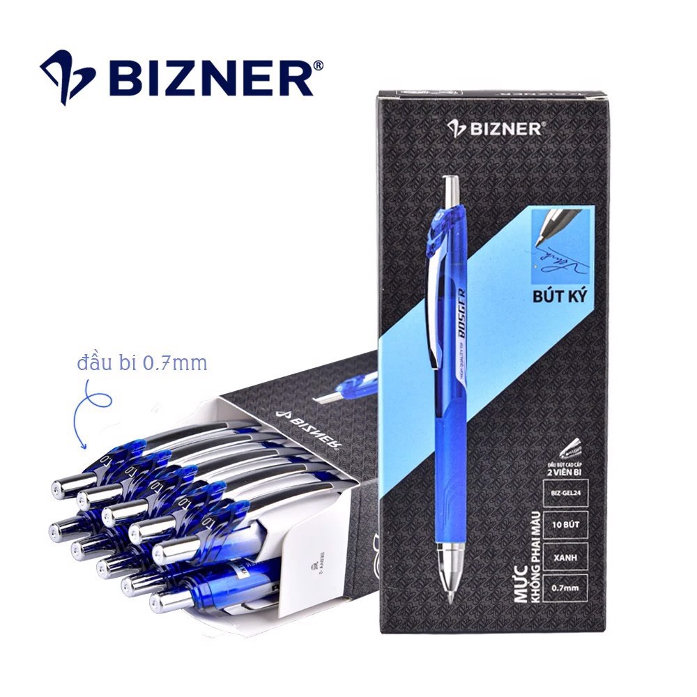 Hộp 10 Bút ký cao cấp mực không phai Bizner GEL23 - GEL24 mực xanh nét 0.7mm