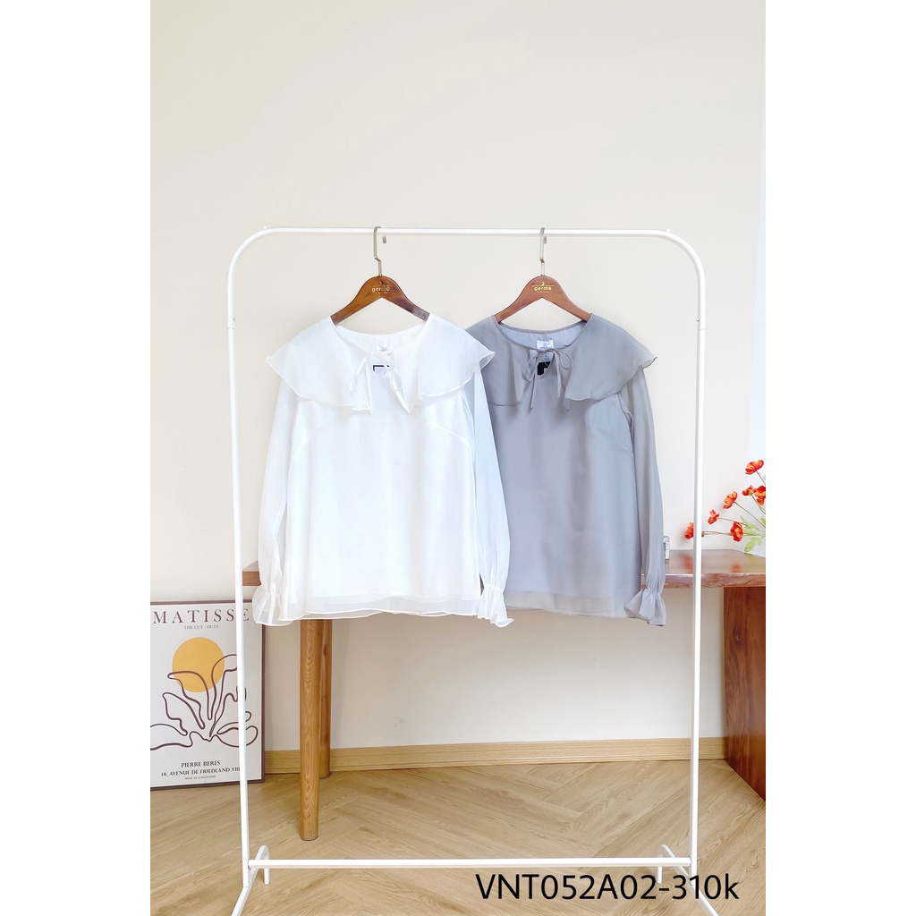 Áo sơ mi voan cổ bèo nơ ngực tay bo hàng thiết kế vnt0522a02 by germe