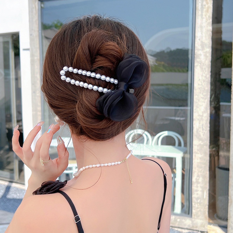 Kẹp Tóc Nhựa Mỏ Vịt Hàn Quốc Đính Nơ Ngọc Siêu Sang Mainia Shop
