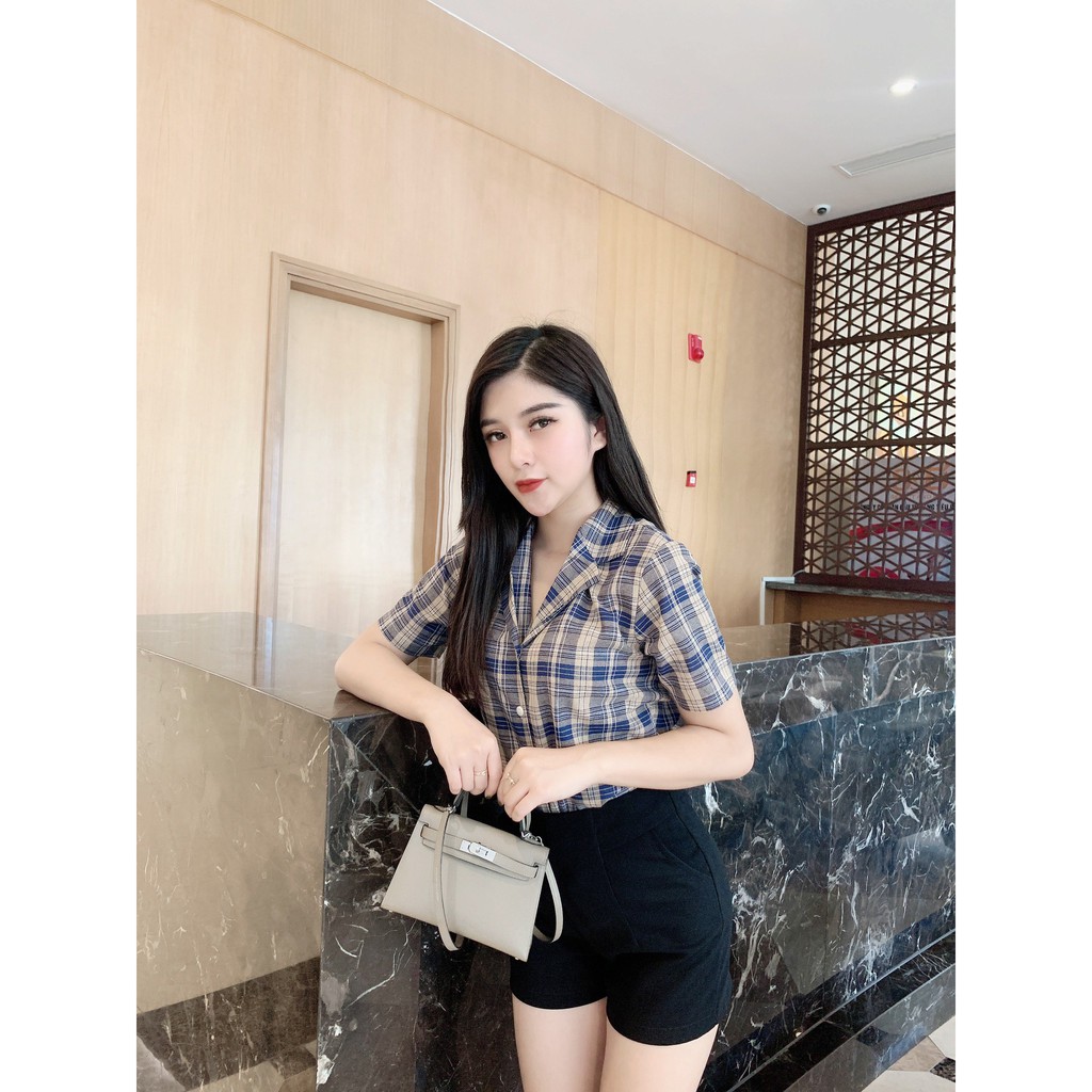 [FASHIONRUN19 - FASHIONHOT19] Áo Sơ Mi Nữ Đẹp Tay Ngắn Kẻ Caro Tím Oliu A22, Áo Sơ Mi Kiểu Hàn Quốc - Mindesign | BigBuy360 - bigbuy360.vn