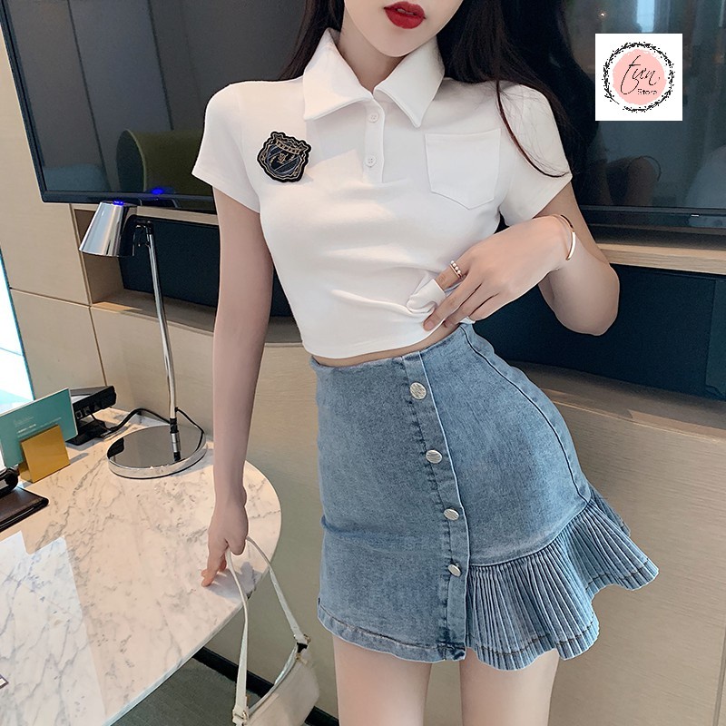 Set bộ áo +chân váy jean ngắn phong cách hàn quốc,áo thun croptop dáng cổ sơ mi