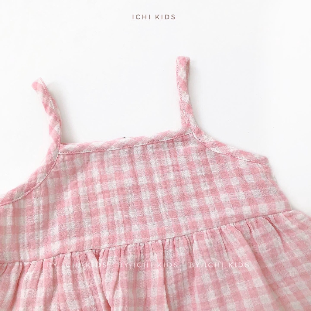 Romper họa tiết caro cho bé gái, vải xô muslin