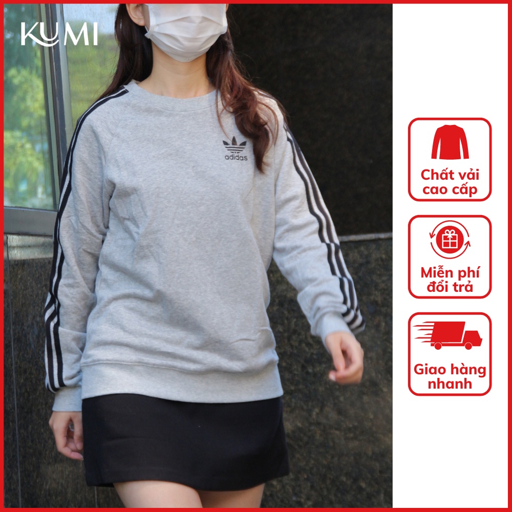 Áo Nỉ Nữ Thu Đông Dày Dặn Chất Nỉ Da Cá Cao Cấp, Áo Thể Thao Nữ Dài Tay Cổ Tròn Năng Động Kumi Fashion - Ghi
