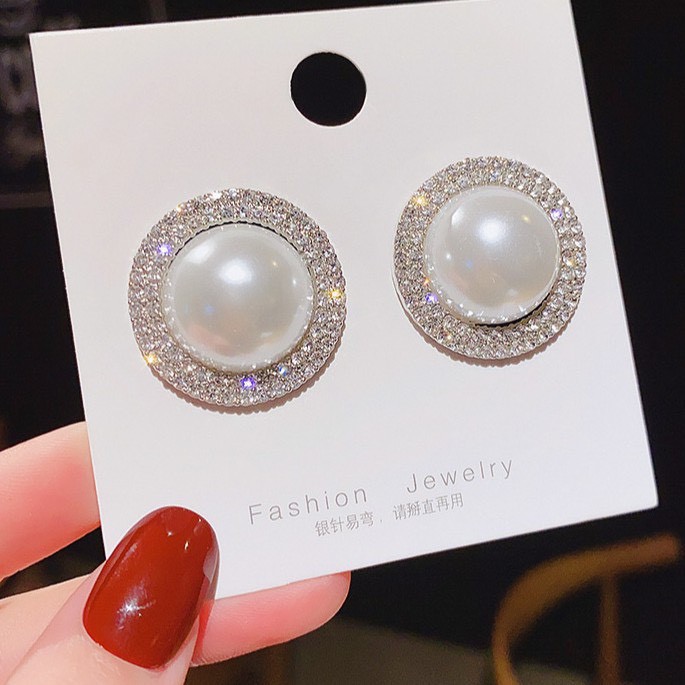 Khuyên tai tròn sát tai đá sang chảnh bông tai nữ ngọc trai tròn BT02