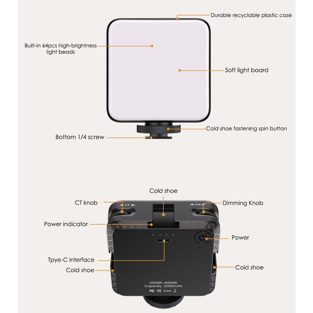 Đèn led trợ sáng dùng livestream, quay vlog, chụp ảnh sản phẩm pin 2000mAh, độ sáng 2500 ~ 6400K