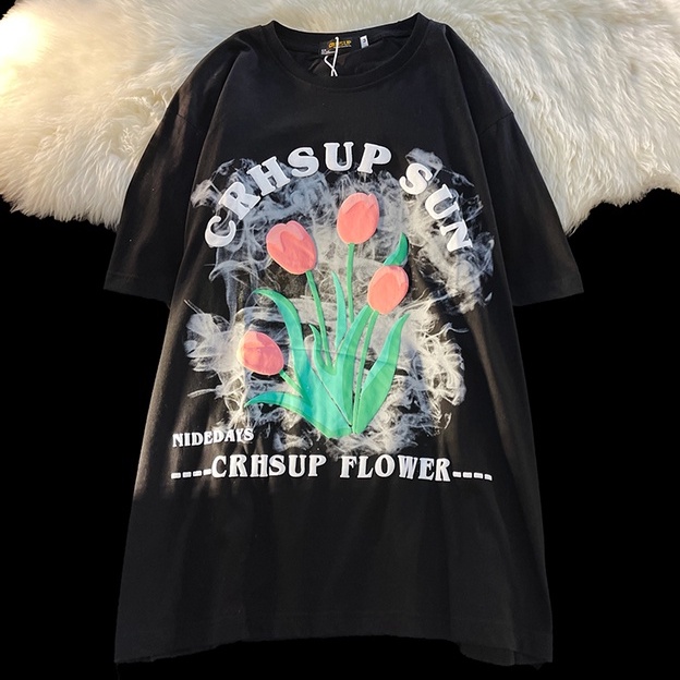 Áo thun ZHELIHANGFEI tay ngắn dáng rộng in hình hoa tulip dễ phối đồ hợp thời trang cho nữ