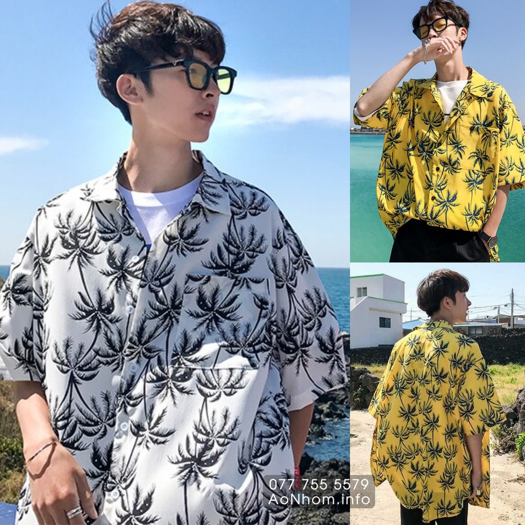 Áo Sơ Mi Đi Biển Mềm Mát - Cây Dừa Trắng Vàng - Đủ Size Nam Nữ, Hoạ Tiết Hoa Lá Trái Cây Hawaii #AB032
