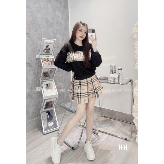 Set áo nỉ pha chữ dạ mix chân váy dạ xếp ly