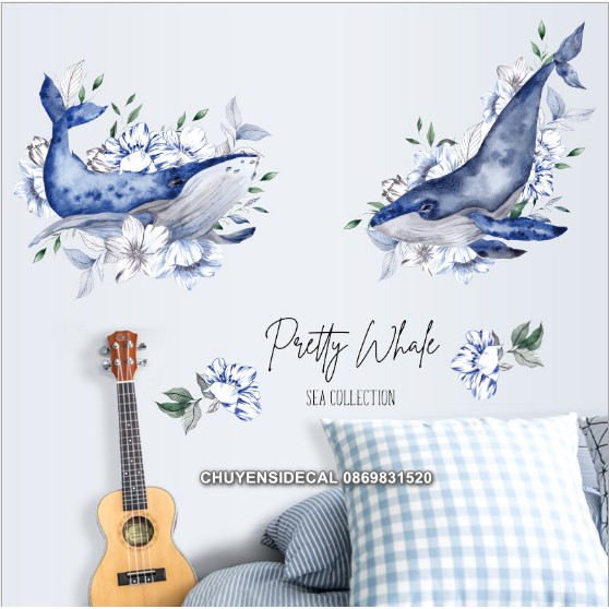 Decal trang trí tường - Cá Voi Xanh Hoa Cổ điển