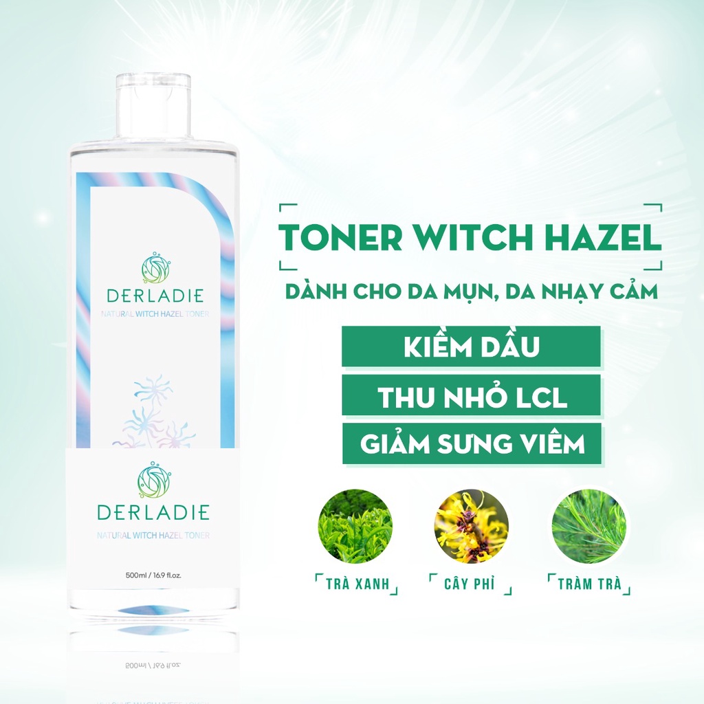 Nước Hoa Hồng Làm Sạch, Dưỡng Ẩm Chiết Xuất Cây Phỉ Derladie Natural Witch Hazel Toner 500ml