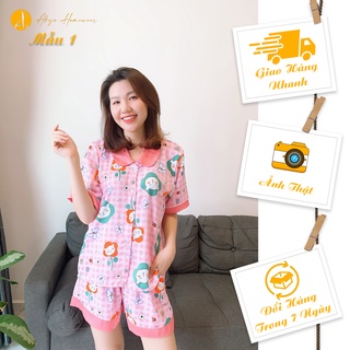 Đồ bộ pijama cổ sen quần đùi tay ngắn