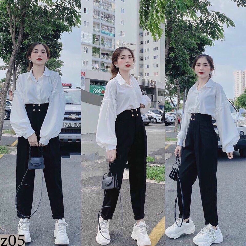 Set quần cạp cao đính nút và áo sơ mi