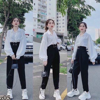 Set quần cạp cao đính nút và áo sơ mi