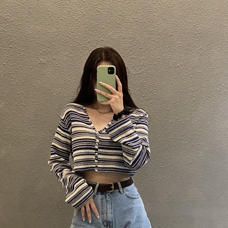 Áo cardigan ZHELIHANGFEI dệt kim tay dài cổ chữ V họa tiết kẻ sọc