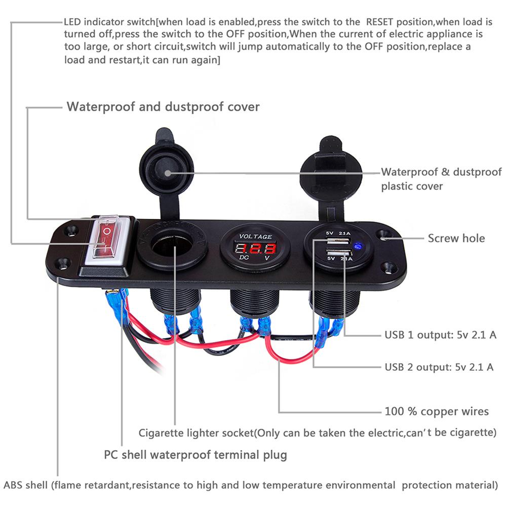 MG Vôn kế kỹ thuật số 4 trong 1 Ổ cắm điện 12V Bộ sạc USB kép Bộ sạc thuốc lá Ổ cắm nhẹ hơn với công tắc Rocker