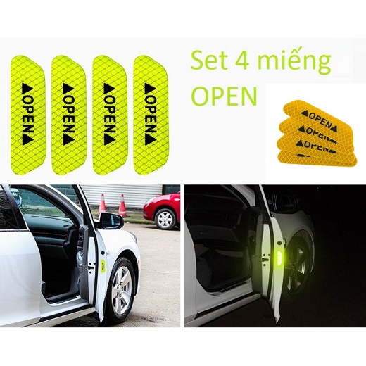 Bốn Decan Hình Thang Chữ OPEN Dán Cửa Xe Dạ Quang Cảnh Dáo Va Chạm Khi Mở Cửa Nhỏ Gọn 9.3x2.5cm