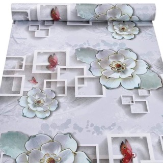 Giấy dán tường hoa 3D - decal dán tường sen đá 3D dài 10m khổ 45cm sẵn keo