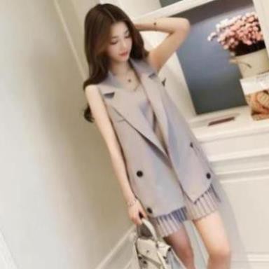 Set Đầm Xếp Ly Phối Vest Cực Chất - Váy Đầm Xếp Ly Chân Váy Kết Hợp Áo Khoác Dáng Dài Cổ Vest Siêu Sang | BigBuy360 - bigbuy360.vn