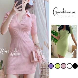Váy đầm len cổ bẻ dáng ôm body hàng Quảng Châu