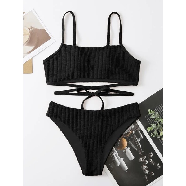 Bộ Bikini Màu Trơn Đan Dây Chéo Quyến Rũ Cho Nữ