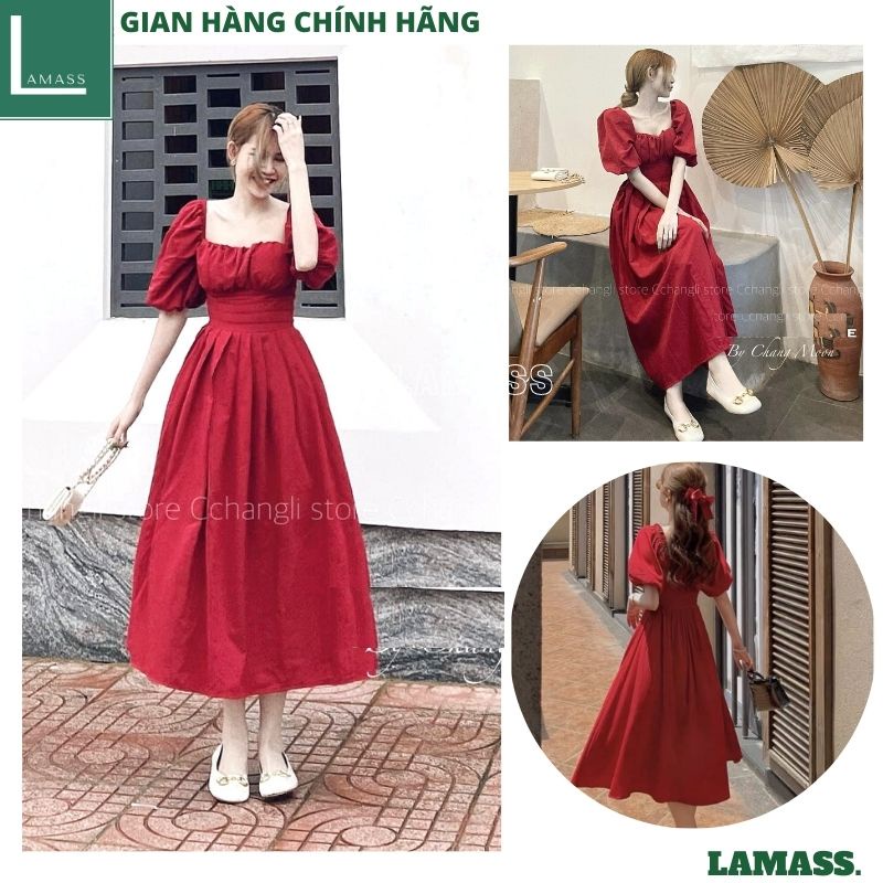 Váy đầm tiểu thư công chúa maxi dáng dài mầu đỏ cổ vuông siêu dễ thương đi biển cũng rất xinh ulzzang _LAMASS