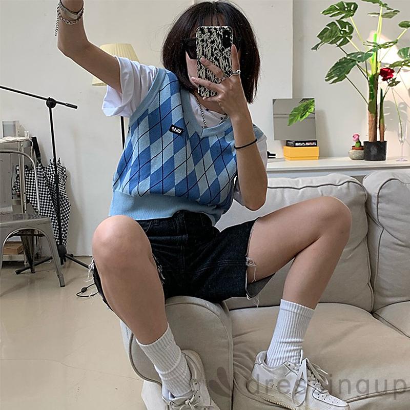 Áo dệt kim sát nách cổ chữ V thoáng khí in họa tiết hình thoi cổ điển cho nữ