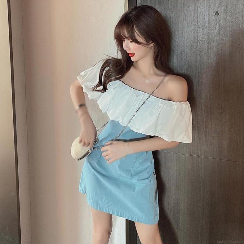 Đầm Nữ ôm body - TT 01 đầm XANH Viền Bèo Trắng- Thiết Kế Siêu Xinh