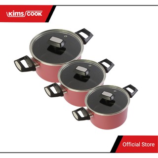 Combo 3 nồi chống dính Easy Cook hợp kim  nhôm vân đá  đáy từ nắp kính  Kims Cook  ( MÀU HỒNG)